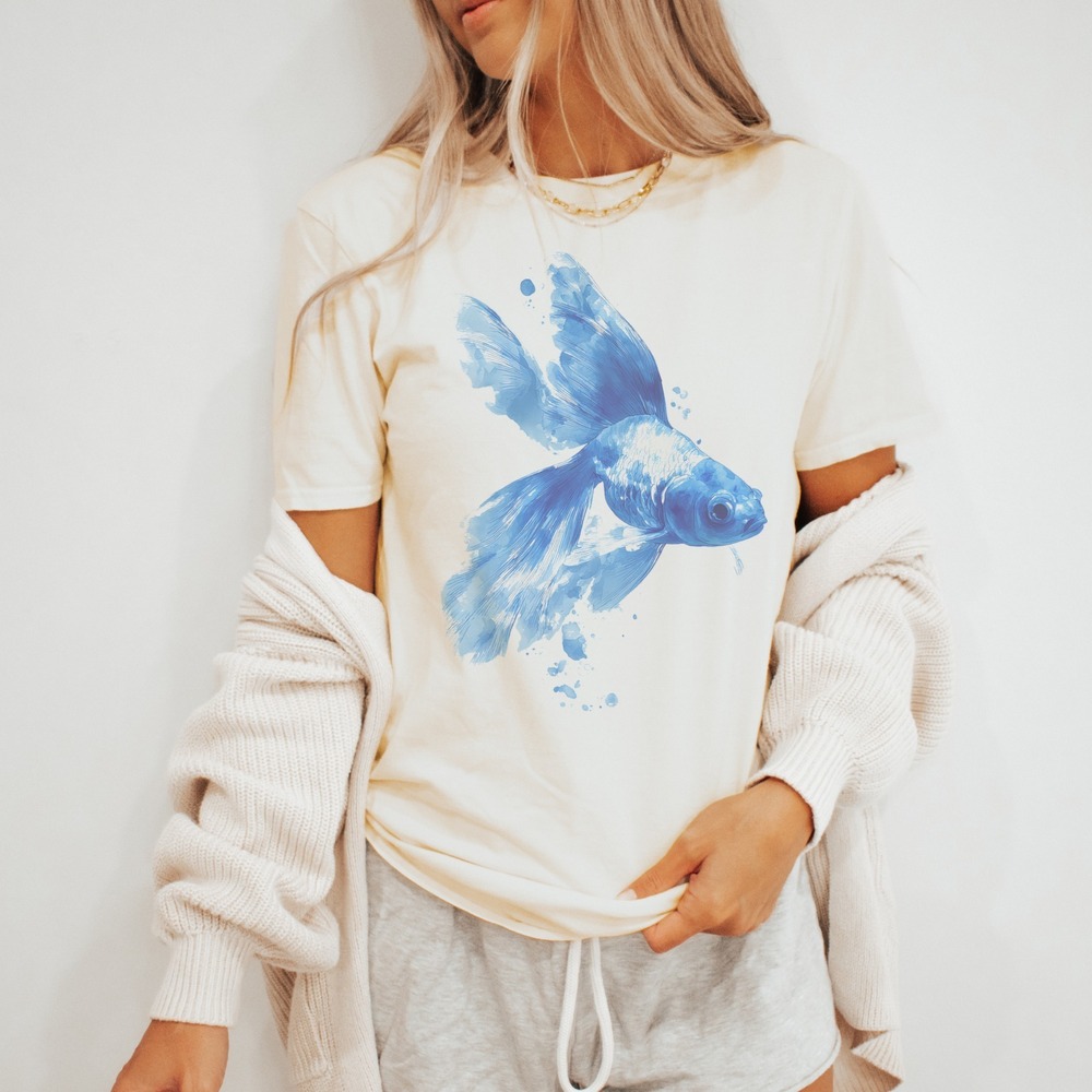 Abstract Fish Graphic Tee Blue Watercolor Paint Art Design